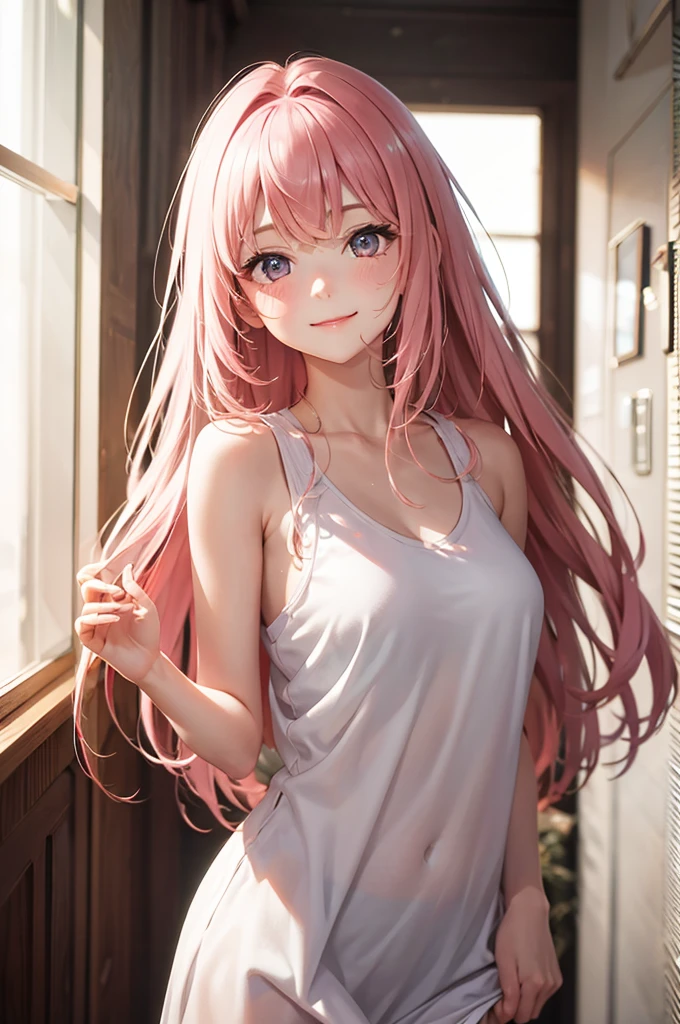 Best Quality,High resolution,8k,finelity detailed background,Masterpiece:1.2),beautiful girl,Shiny pink hair,messy hair,Pink eyes,Gentle look,A refreshing look,smile,Best quality,Best Quality,Aesthetic and aesthetic:1.2,Best details((Super detailed))(High-definition CG illustrations),Tank top,Slender body,noon,room,smile,blush,cute,Scrounge,Looking up,Being spoiled,super model,focus face