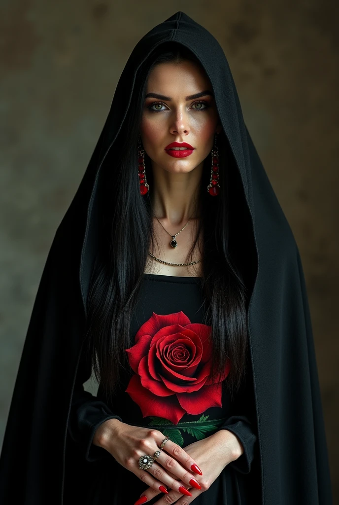 50 year old woman with the appearance of a medieval witch wearing a black dress with a red rose print, long straight black hair, red lipstick, large earrings with red stones, black cape with hood covering her face, pointed and curved red nails