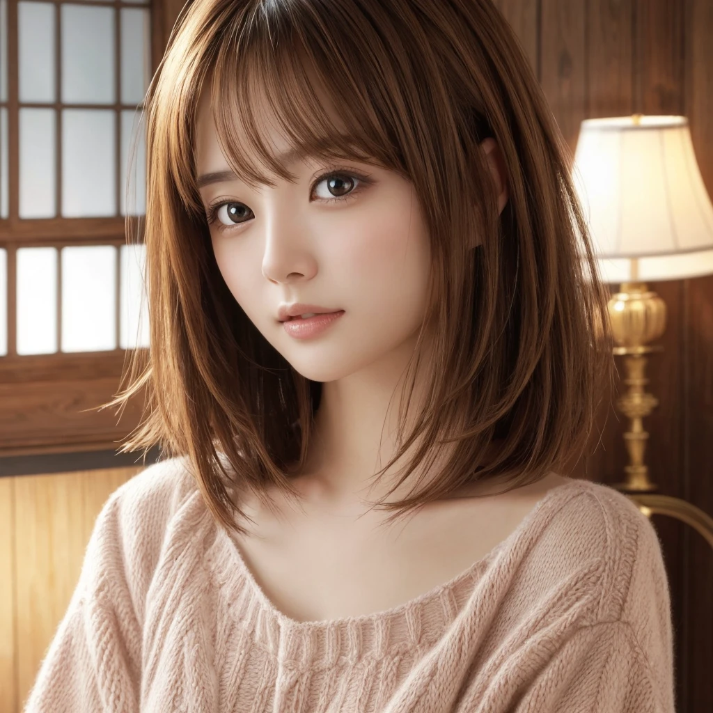 masterpiece、highest quality、High resolution、table top、wallpaper、realistic、bright lighting、professional lighting、face light、smooth lighting、japanese woman、adult、Beautiful woman、action、gravure、sexy、poor、super beautiful、beautiful skin、beautiful and detailed eyes、detailed face、slim、fluffy hair、short hair、brunette colored hair、brown eyes、look at the camera、 knit、???????、close up of face