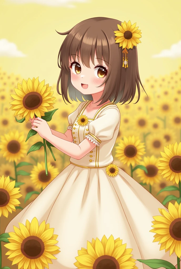 With a girl, Little、sunflower, , Medium pastel yellow white, Luxury Fabric, Dithering, Widespread,Viewer Lucky Brown,In dresses、、There are no protrusions on the head、There are no protrusions on the head、