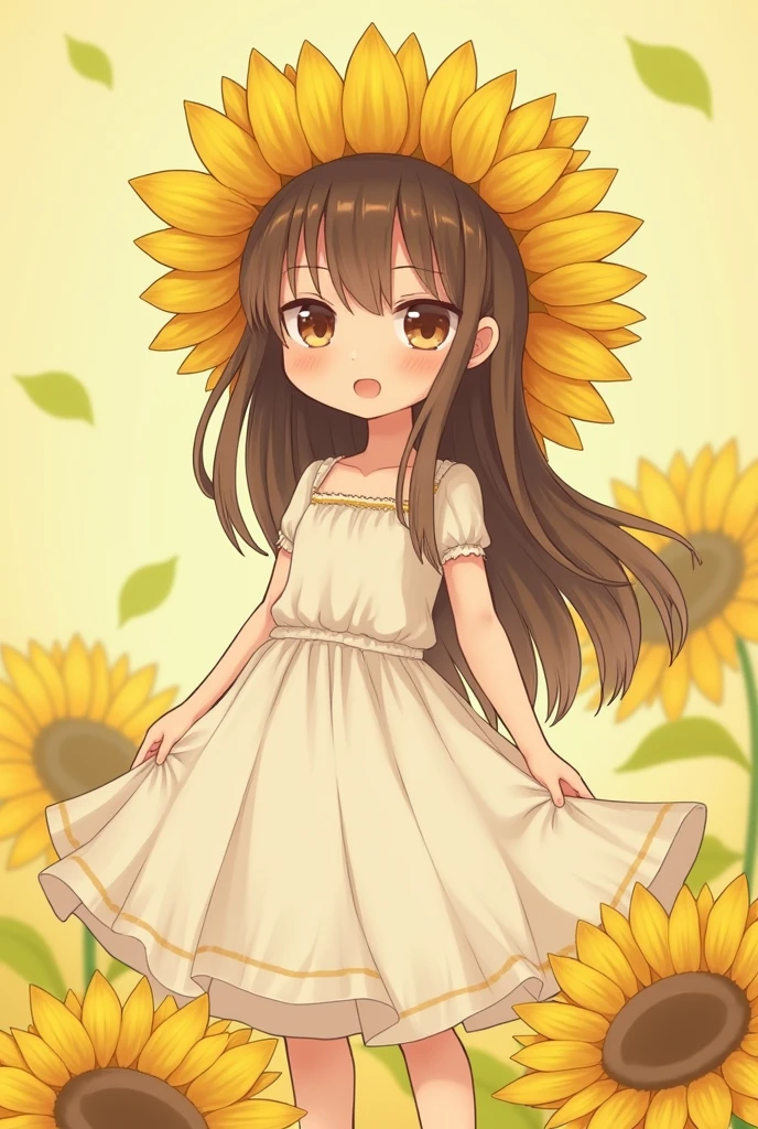 With a girl, Little、sunflower, , Medium pastel yellow white, Luxury Fabric, Dithering, Widespread,Viewer Lucky Brown,In dresses、、There are no protrusions on the head、There are no protrusions on the head、