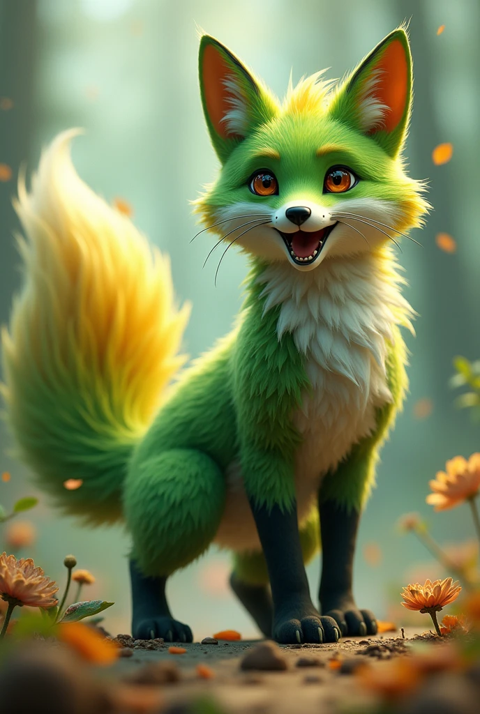 A green and yellow fox with its back to the screen