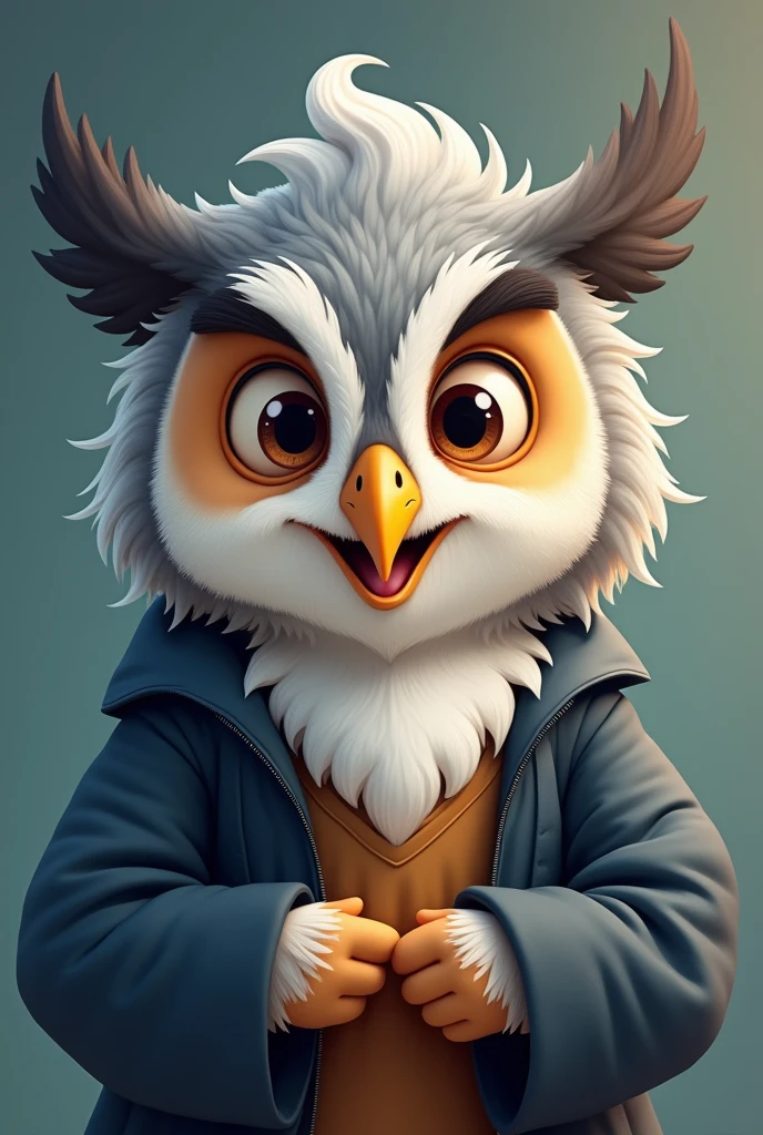 Create a cartoon picture of a gray-haired owl professor smiling