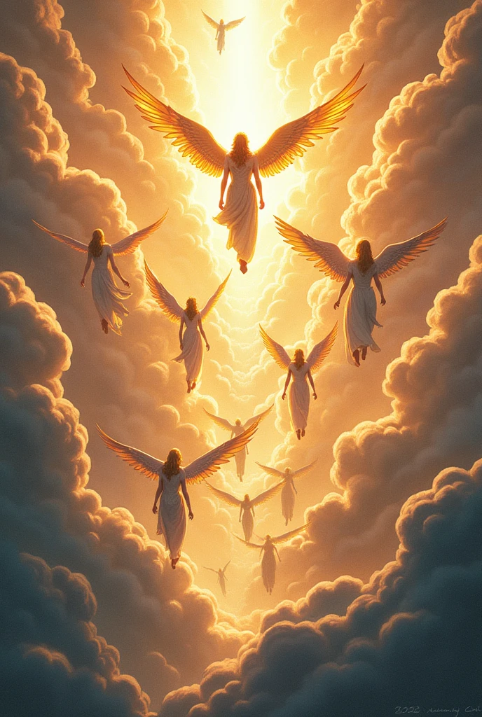 Comic book cover with many angels flying from heaven towards Earth 