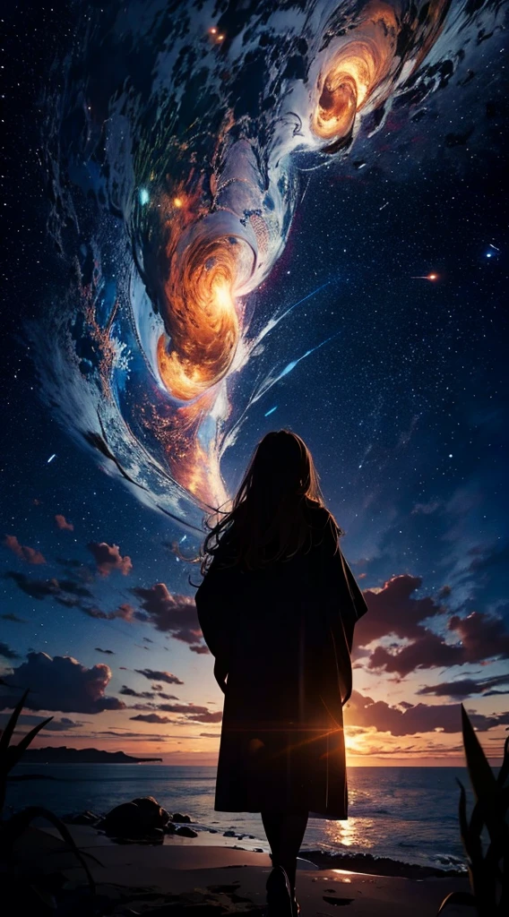 1people々々々々々々々々々,Blonde long-haired woman,Long coat, Dress Silhouette, Rear View,Space Sky, The boundary between sea and space,door,