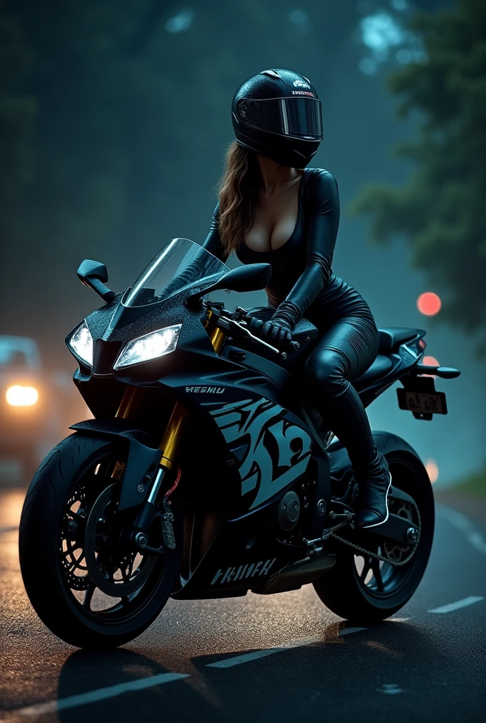 Alone in the night A sexy woman with huge curves wearing a helmet with the visor closed and motorcycle pants on a black sports bike with the white number 46, the woman is not wearing a top (t-shirt) (Yamaha yzf-r1) (image 8k ou plus)