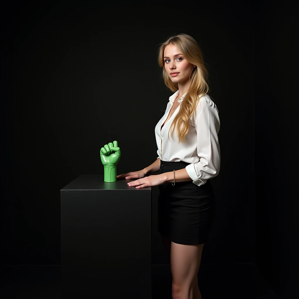 main item is a high ,black table displaying a very small green cude(size like a fist) with no shadow ,  
and a 16years old , BEAUTIFUL ,blonde, white shirt,black short skirt, super huge boobs(34 E CUP) ,very white skin tone lady standing next to it 
and the whole body facing the camera
the back ground is a black wall
taking a realistic far view photo