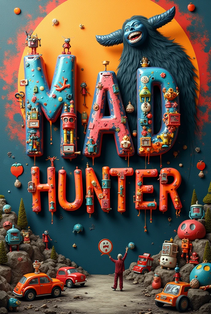 A vibrant, dark fantasy inspired piece of art featuring the phrase "MAD HUNTER" crafted from an eclectic collection of vintage toys. The letters are made up of a variety of colorful retro toys, such as action figures, robots and cars, creating a unique and eye-catching typography. The background is a mix of graffiti and 3D rendering, showing a landscape mix of Japanese sofubi with "la catrina" of the Mexican day of the dead haunting with a touch of nostalgia. The overall atmosphere of the piece is both playful and mysterious, evoking a feeling of childhood memories mixed with a darker and more mysterious theme, graffiti, typography, 3D rendering, dark fantasy, 3d render, typography, graffiti