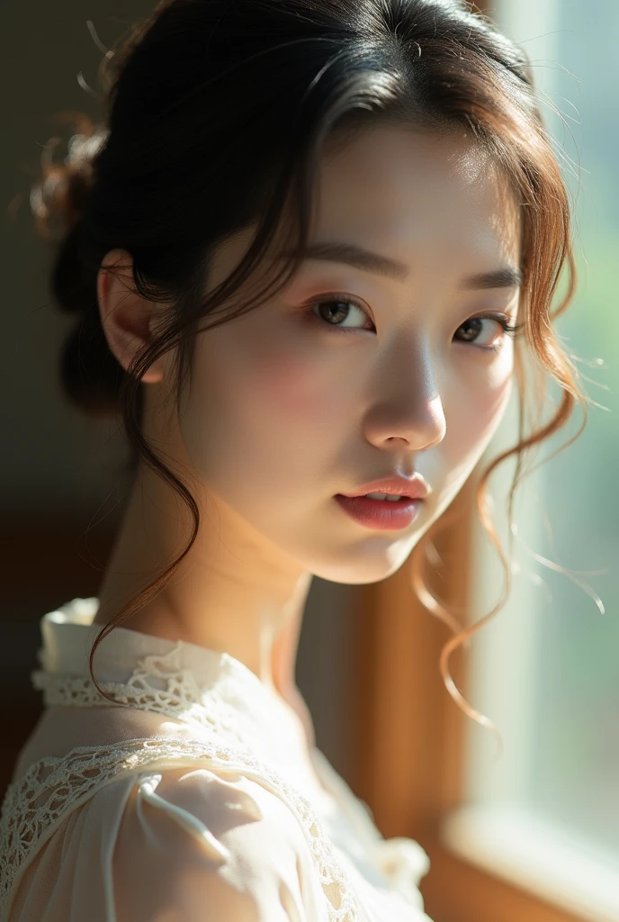 An elegantly dressed Japanese woman in natural light、A close-up of her chest and calm expression.、It shows her inner peace and outer charm.。