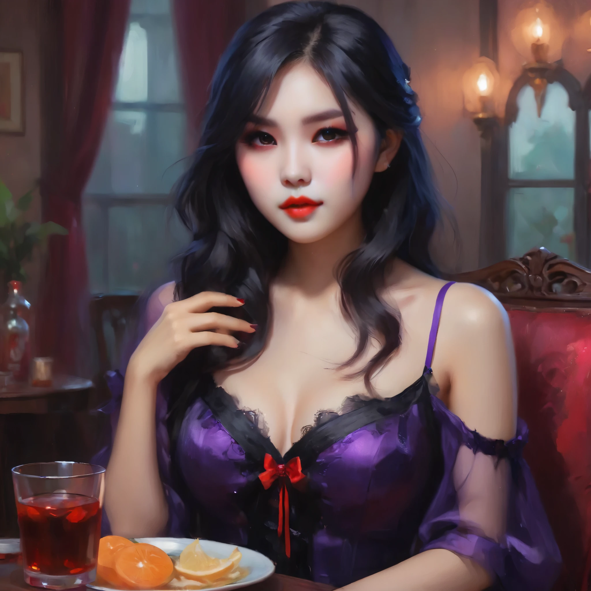 A cute sad vampire girl (Vietnamese, age 25, waif, waist length hair, violet eyes), sheer outfit, sultry pose, she just wants to drink viewers blood, why so shy?