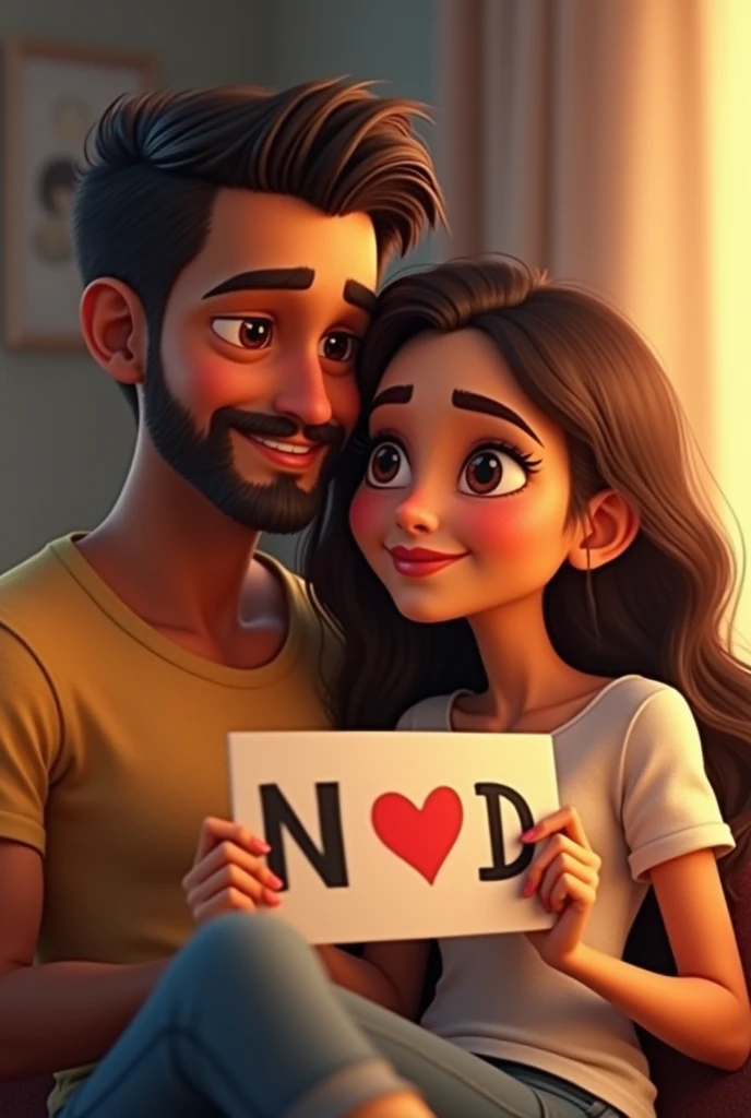(photorealism:1.2), animated man with slight beard and slight brown colour woman sitting on man's lap holding N ♥ D sign
