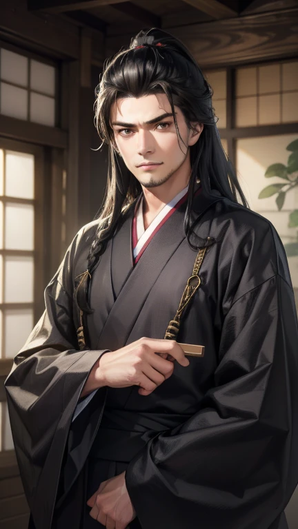 (8k, RAW Photos, Highest quality, High resolution:1.2), (Realistic, photo-Realistic:1.37) , Japanese male, Japanese, alone, 1人のmaleの子, hand_fan, 1人のmaleの子, Holding_fan, male_concentrated, folding_fan, alone, Holding, Have, Japanese_Black clothing, upper_body, length_sleeve, Tate_in the army　Stubble　long hair　Tied Hair　 Black clothing　Strong face