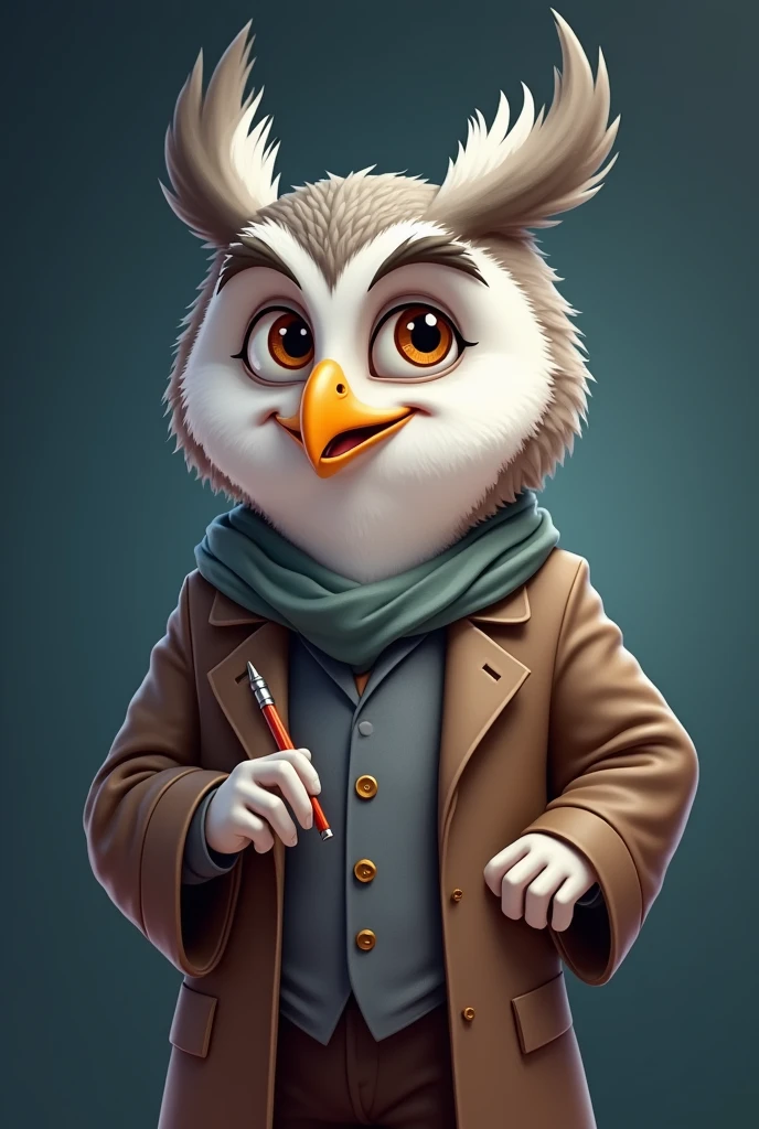 Create a cartoon picture of a gray-haired owl professor smiling