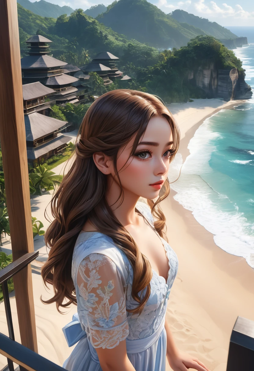 1 girl, beautiful, long wavy hair, almond eye, no makeup, ((summer dress)), in front of Bali's architecture luxury resorts, (from above:1.2), (realistic:1.2), (very detailed:1.1), summer, white sand, beach,, sunny, Bali vibes