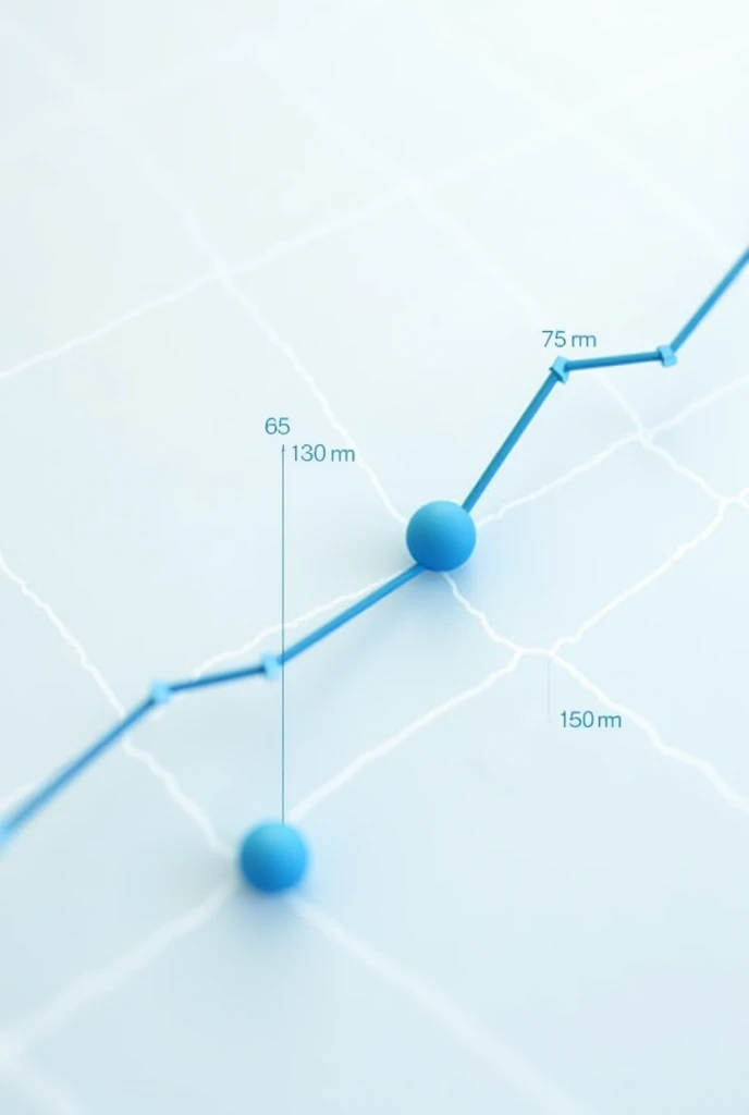 Create a geophysics graph showing a straight line descending in which at 75 meters there is a blue spot, at 102 meters there is another blue spot and at 130 meters there is another blue spot.