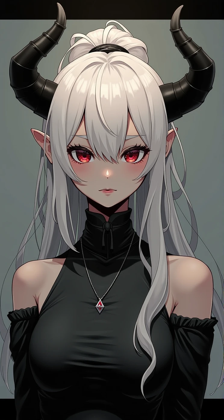close up photo portrait(head only, face only, portrait, from the front, close up, eye contact) hentai game, anime, best quality, masterpiece, maximum detail, high resolution, (((anime))), (((waifu))), (((hentai))), perfect anatomy, from the front, detailed background, High quality, incredible details, absurd res, ambient lighting, illuminated, female, Portrait of the character with the following traits: Species(Succubus) Age(300 years) Gender(Female) Occupation(Succubus executioner) Height(176cm tall) Hair(Short, straight, white) Skin(Smooth, pale) Face(Small nose, cruel expression, red eyes) Physical features(Black demonic wings, Black demonic tail, Black horns, Thick thighs, Big tits) Outfit(Short leather skirt, Leather bra, Leathaer boots, Leather) Personality(Cold, Sadistic, Violent, Evil, Perverted, Grim)