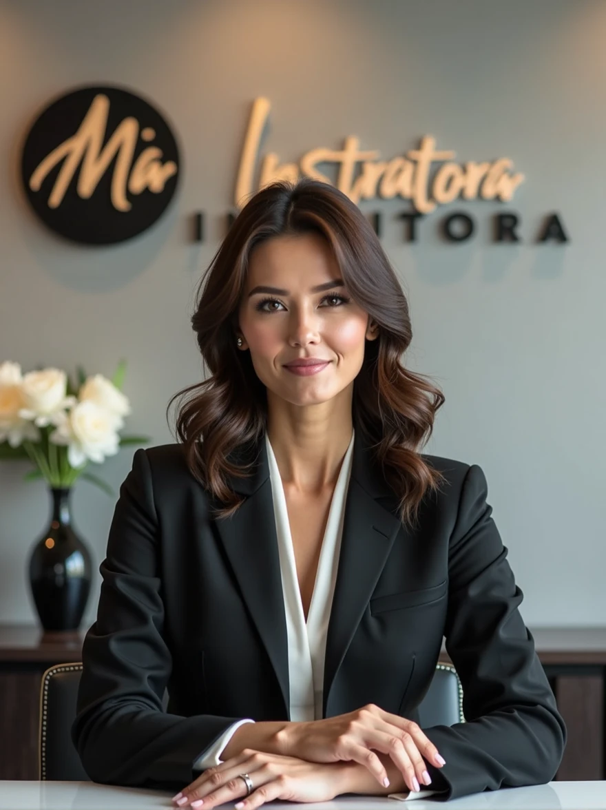 {
  "size": "1024x1024",
  "prompt": "A sophisticated and elegant female manicure instructor sitting on an executive chair, facing the camera directly. She has a composed and confident expression, with both hands placed gracefully on a table in front of her. The background is clean and professional, with a logo behind her that reads 'Mia Instrutora' in stylish, modern lettering. The overall atmosphere is sleek, chic, and professional."
}