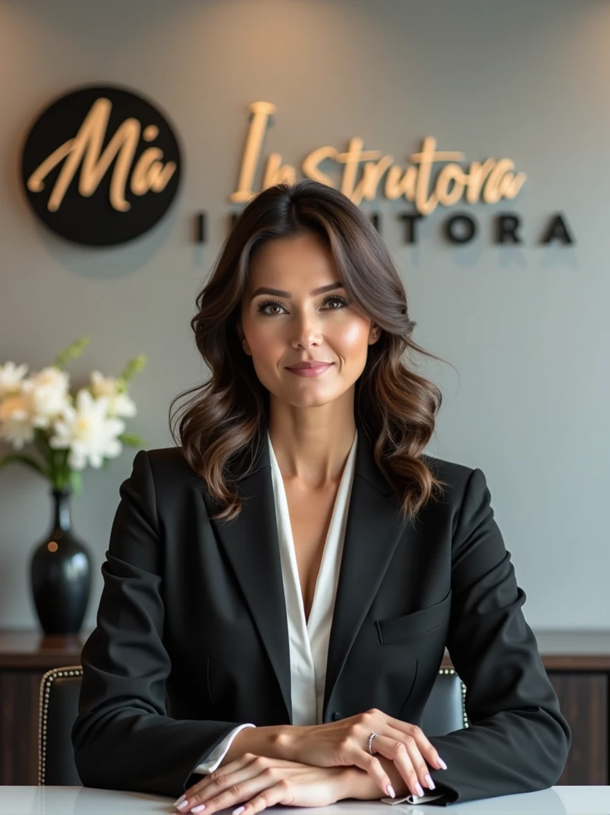 {
"size": "1024x1024",
"prompt": "A sophisticated and elegant female manicure instructor sitting on an executive chair, facing the camera directly. She has a composed and confident expression, with both hands placed gracefully on a table in front of her. The background is clean and professional, with a logo behind her that reads 'Mia Instrutora' in stylish, modern lettering. The overall atmosphere is sleek, chic, and professional."
}