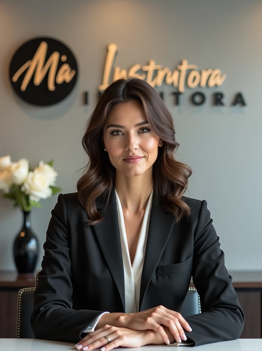 {
"size": "1024x1024",
"prompt": "A 23-year-old nail designer, elegant and sophisticated, sitting on an executive chair, facing the camera directly with a confident expression. She is wearing a black lab coat and has both hands placed gracefully on a table in front of her. Her nails are long, with stiletto-shaped extensions, and are beautifully painted. The background is a stylish salon room with shelves full of nail polishes in various colors. Behind her is a logo featuring a black circle with the word 'Mia' written inside in modern, elegant font. Next to the circle, the word 'Instrutora' is written in a golden hue. The overall ambiance is professional, chic, and reflects her expertise as an instructor."
}