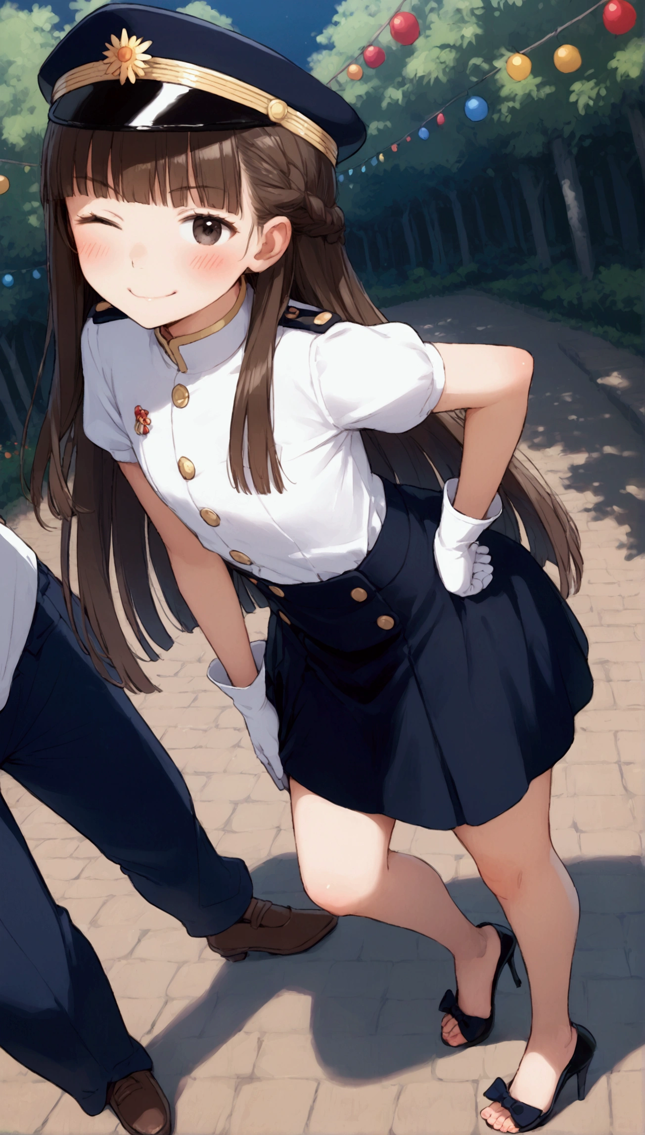 {Highest quality}, {Super beautiful},{Ultra fine},{Best illustration},Brown Hair,Hime cut,long hair,Braid,One woman,Standing Woman,Strike a pose,smile,smug face,Wink,Uniform cap,White Shirt,Short sleeve,long black skirt,White gloves,Summer Festival at Night,Blushing,Slender,Black stiletto heels,barefoot,From an angle,From above,Put one hand on your hip
