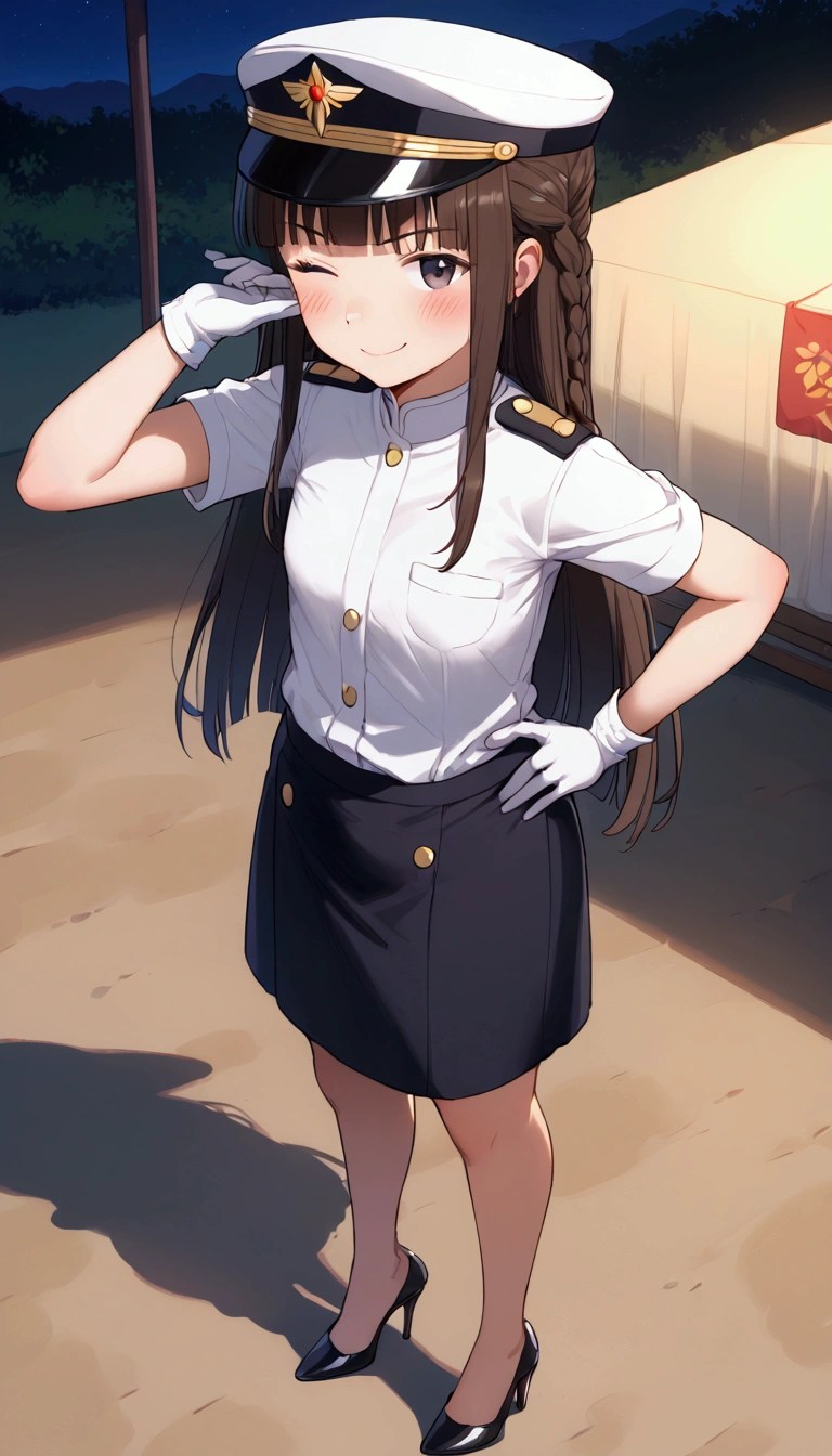 {Highest quality}, {Super beautiful},{Ultra fine},{Best illustration},Brown Hair,Hime cut,long hair,Braid,One woman,Standing Woman,Strike a pose,smile,smug face,Wink,Uniform cap,White Shirt,Short sleeve,long black skirt,White gloves,Summer Festival at Night,Blushing,Slender,Black stiletto heels,barefoot,From an angle,From above,Put one hand on your hip
