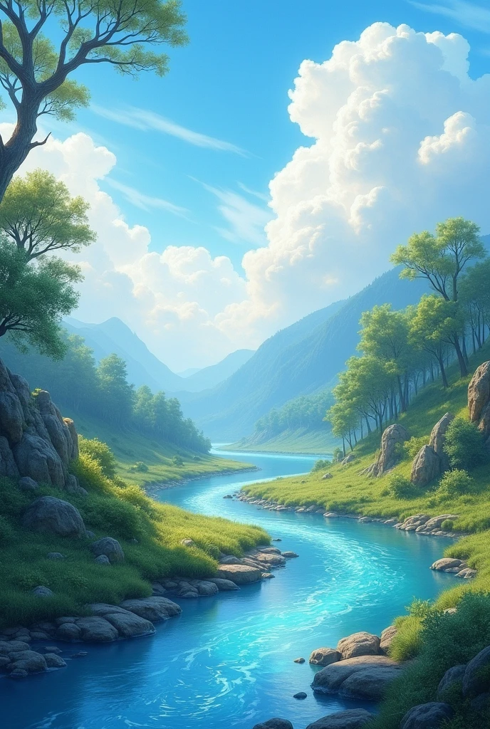 (magical pretty sky blue stream overlay scene), (sky), (clouds), soft lighting, clean background, beautiful sky scenery, masterpiece, high quality, beautiful graphics, high detail,painted by Thomas Kincaid, artstation, sharp focus, inspiring 8k wallpaper,