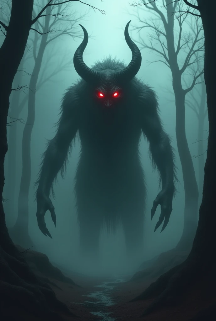 Create a scary profile picture for a tiktok account that tells scary stories horror fog forest demon 