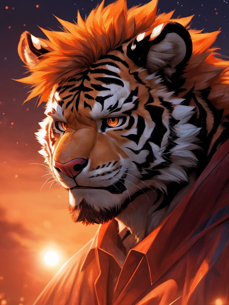 human nature, wild animals, male,36 years old,uncle, solitary, ((Round Face, The face is plump,Orange Eyes,Thick Orange Hair,Scars)), ((Endomorph, Handsome,Hot Blood)), (Mecha suit,no electricity,exhausted), ((domestic White Tiger,White Tiger,) Fluffy fur, Fluffy), Bokeh, (high quality, high resolution, masterpiece), (Dynamic Lighting, Vibrant colors), (Revitalize,harm,Contempt), Full body pictures (close up), cartoon