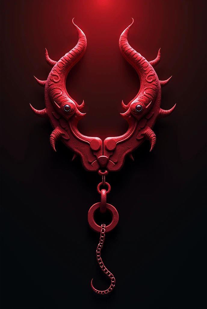 (logo design) evil logo, a striking red handcuff, adorned with sharp, menacing demon horns, and a sinuous chain tail extending from the base, dynamic and bold, emphasizing a dark theme, glossy finish, high-resolution, creating an impression of malevolence and power.