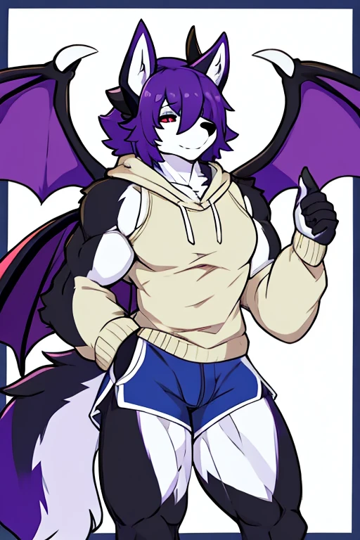 Male Alaskan Malamute Dog Purple and White Fur, With horns, demon wings , hair covering her eyes, White cap, muscular, white sleeveless hooded sweater, shorts negros