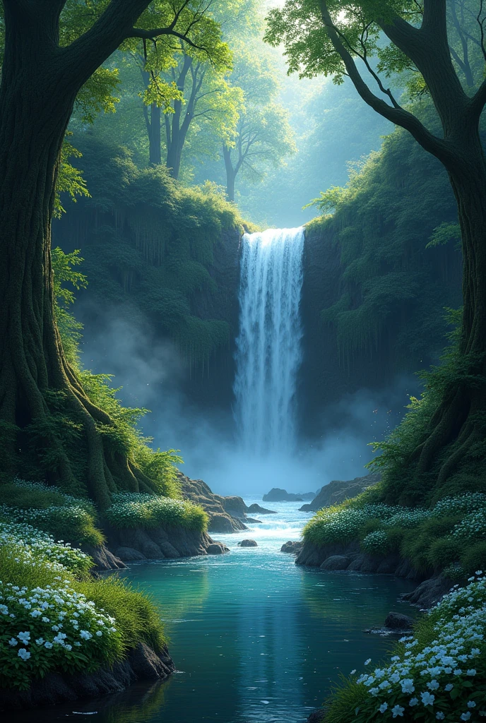 A waterfall in dark forest with white flowers on ground with a few fire flies painting