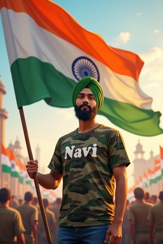 Happy Republic Day is written on big flag of Bharat And a 18-year-old Sikh boy is standing in front of him wearing Army fit T-shirt, with name "Navi" written on t shirt, and holding the Barat flag in his hand, art painting realistic high quality photo