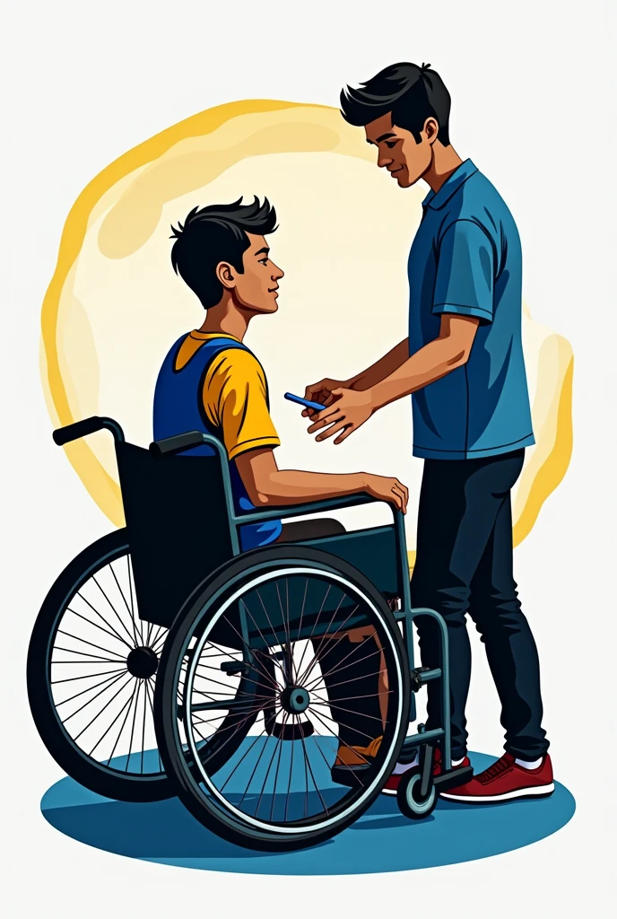 Have a weight training coach do a physical assessment on a wheelchair user. Make it with the FEPI logo - Centro Universitário de Itajubá in the background with the colors yellow and blue together with the physical education symbol written FEPI.