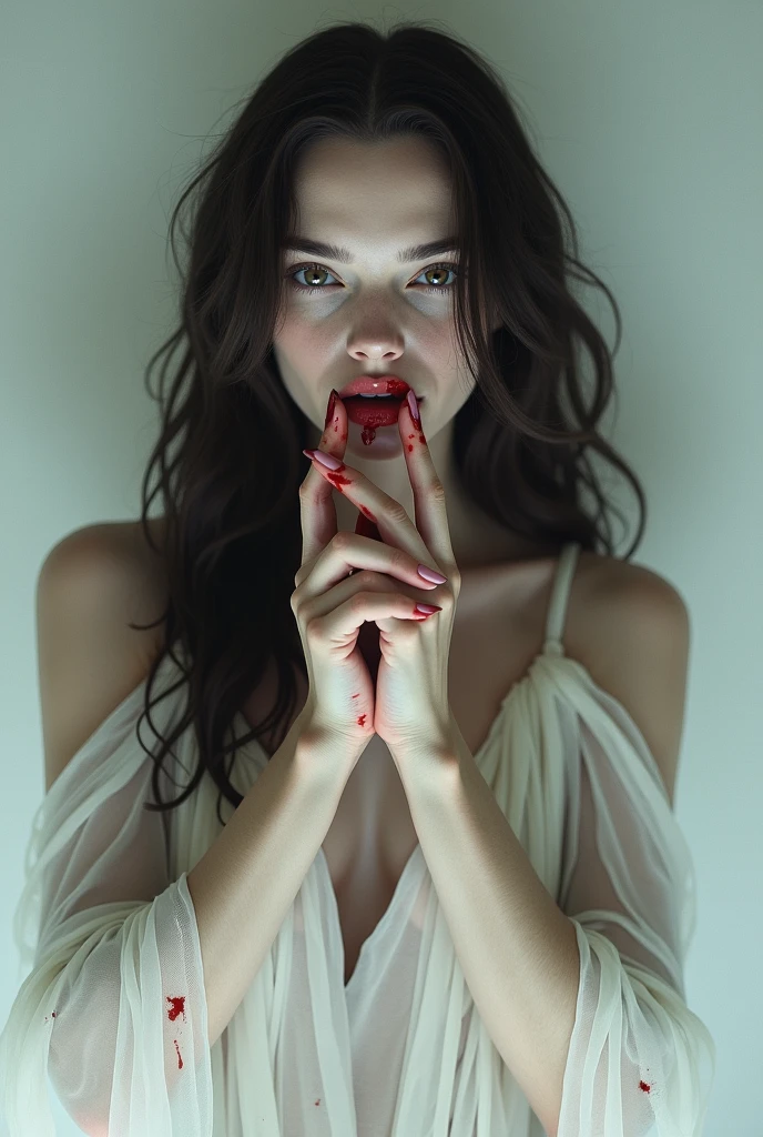 Make a woman with the face of Anya Taylor Joy with long white hair, her hair is wavy, that is dressed in white, that has blood on his hands and in his mouth. , that the dress may have a little blood on it