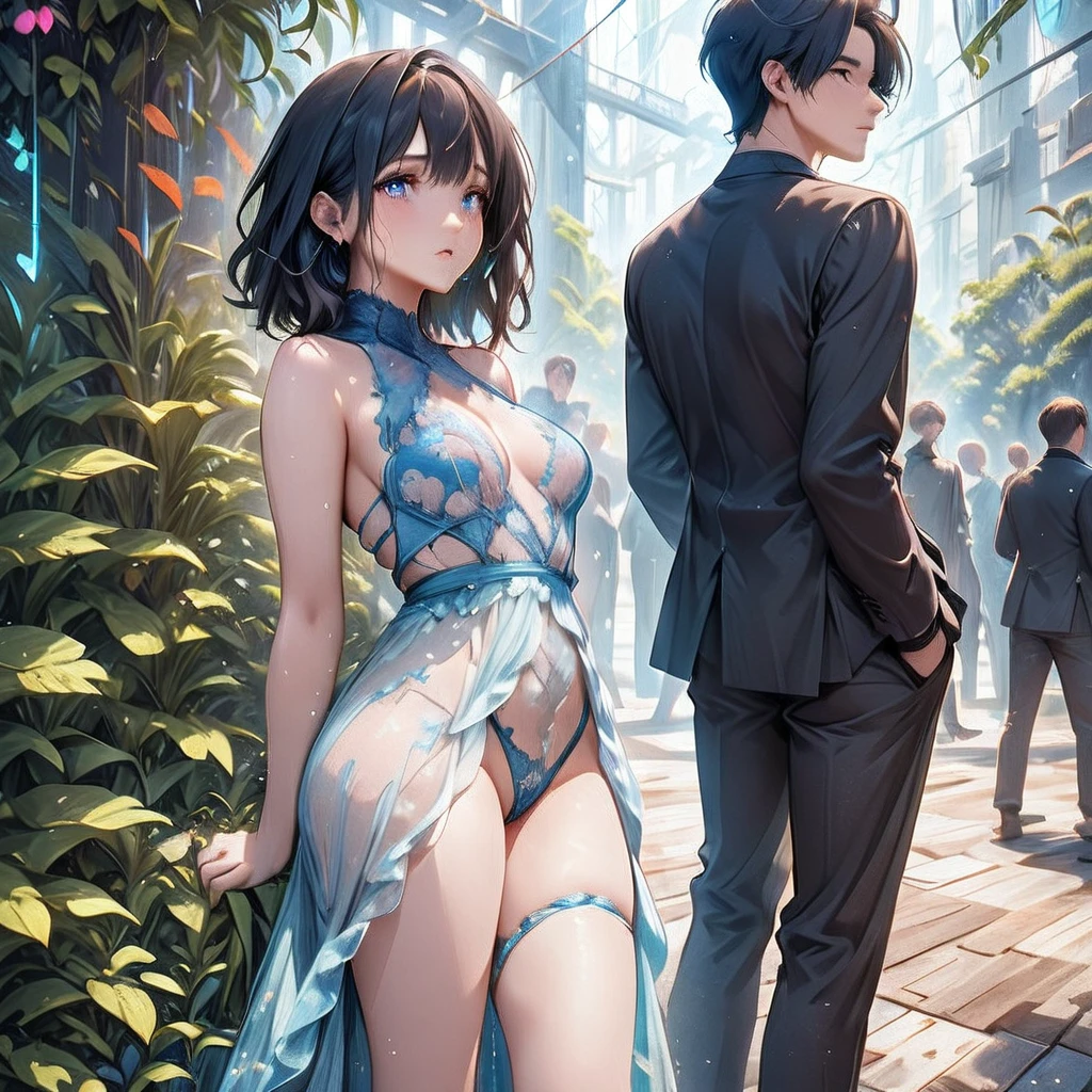 Highest quality, 4k wallpaper, 8k, ultra-high resolution, masterpiece, highly detailed CG, highly detailed eyes, ultra-detailed, complex details, public, 1:1, one 19-20 year old woman (long black hair, slim) and one 19-20 year old man, a lonely woman and man standing back to back in the center, a shy and lonely woman looking up as they stand back to back, neon pop abstract art style, abstract plant art, public, highly detailed flow of bubbles, dynamic art, cinematic lighting