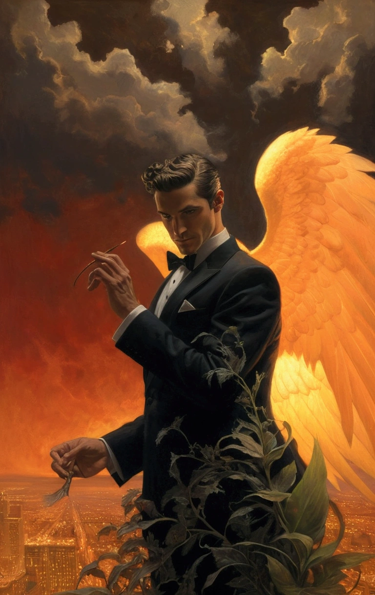 a painting of a man in a tuxedo with wings on his head, by Donato Giancola, style of donato giancola, lucifer, brad kunkle detailed, inspired by Donato Giancola, brad kunkle elson peter, inspired in donato giancola, tom bagshaw donato giancola, oil canvas of lucifer, inspired by Frank Xavier Leyendecker