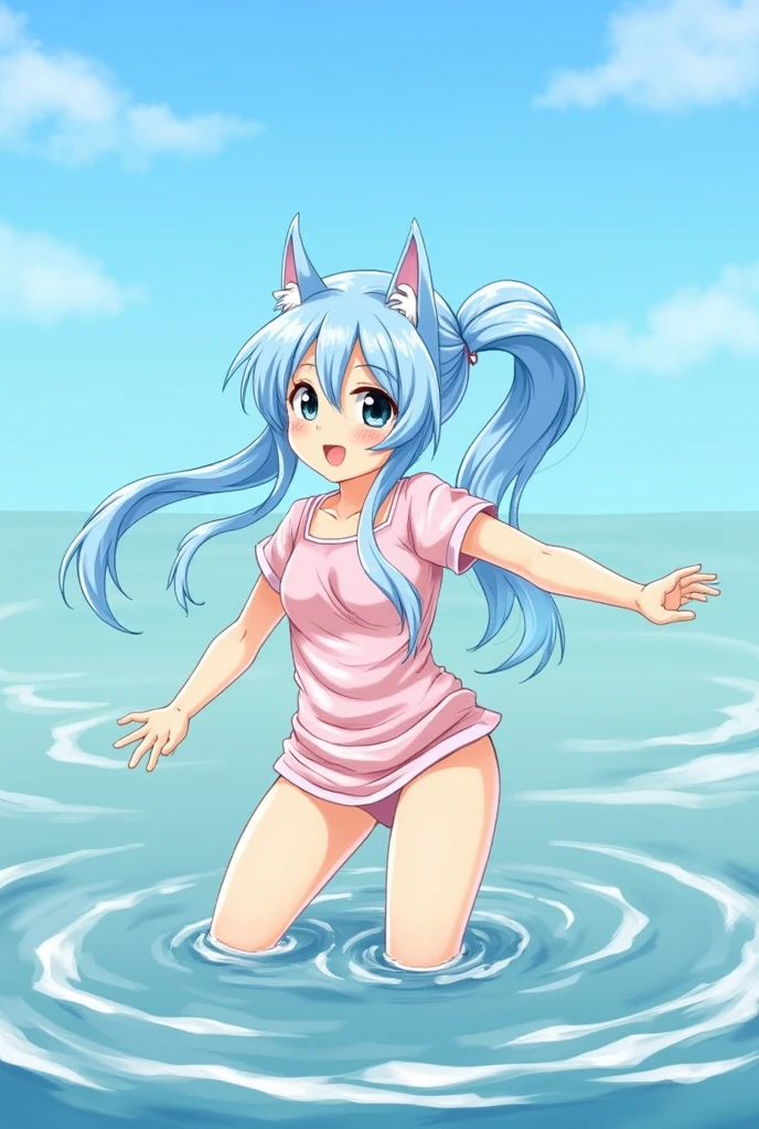 pretty girl, cute, happy, light blue hair, pigtail long hair, black eye, puppy ears, summer, ocean, Dip, (Playing around)