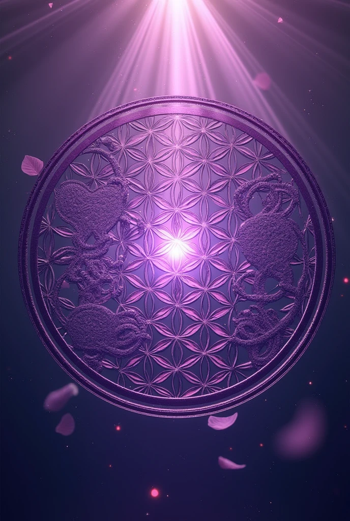 I want a drawing of a mandala style flower of life background in purple and create the life span, create it very realistically