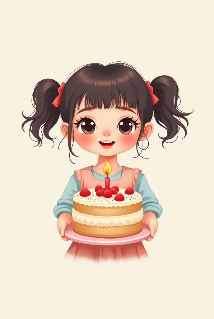 Logo of a baby girl with two ponytails and bangs holding a birthday cake