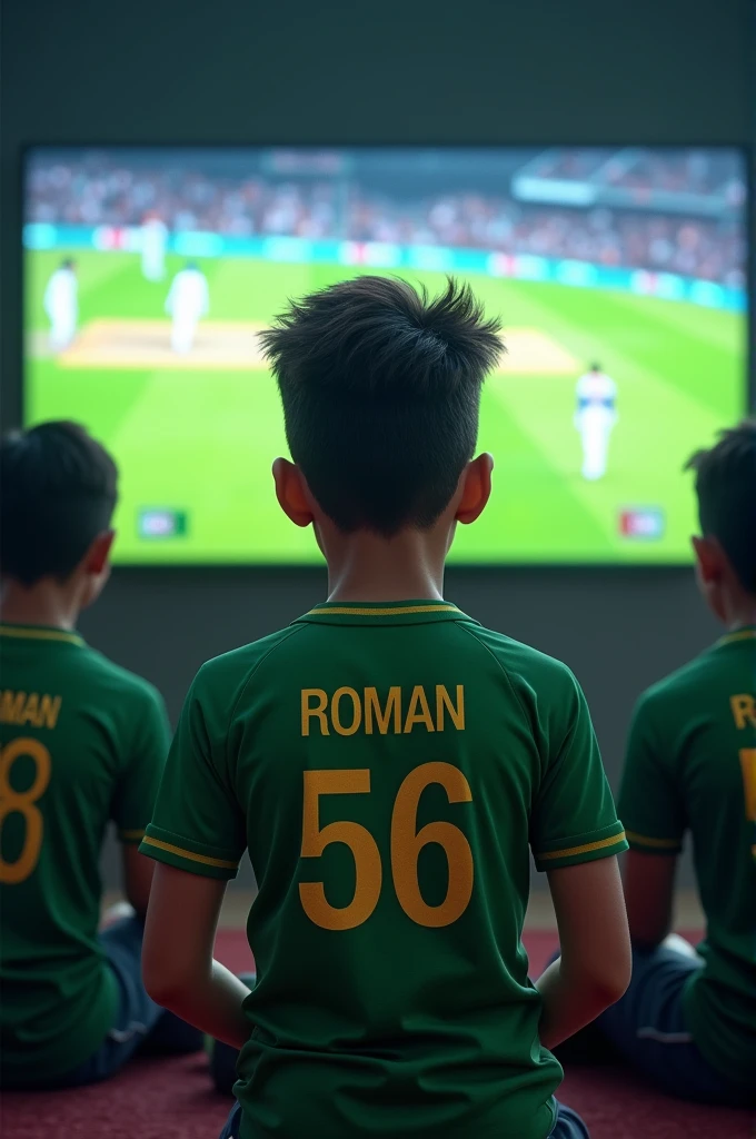 a boy is looking pakistan vs india cricket match backside wearing a green pakistani team t shirt in which Roman is written in backside the backgrounds contain a large led tv,t shirt with name Roman written in backside with number 56 at backside of both t shirts,the boy is eating lays and have a great hair style
