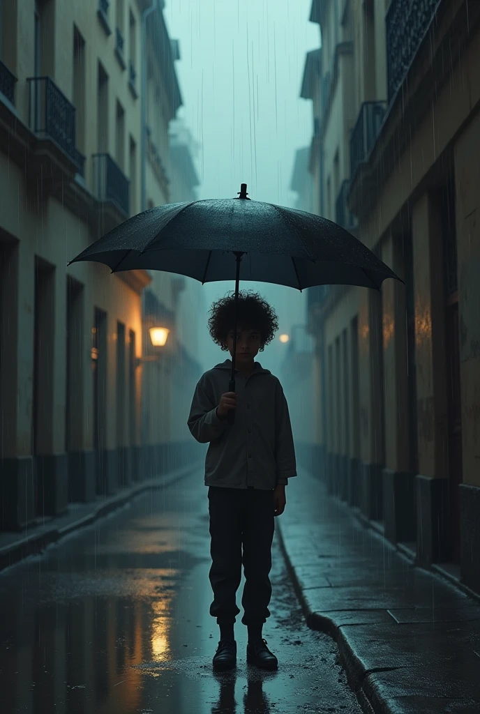 Paris alley, 12 pop album cover, rainy mood with a curly hair white boy and a closed umbrella, emotional