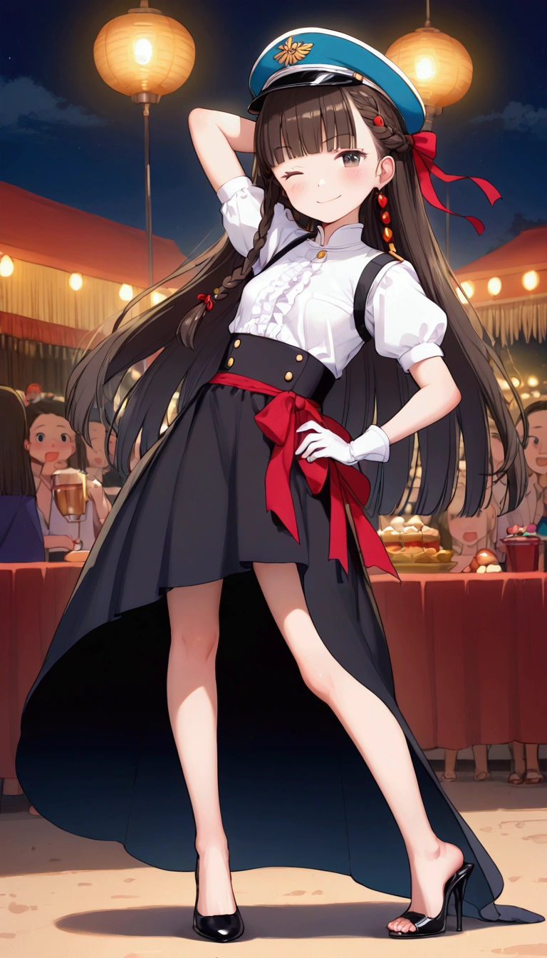 {Highest quality}, {Super beautiful},{Ultra fine},{Best illustration},Brown Hair,Hime cut,long hair,Braid,One woman,Standing Woman,Strike a pose,smile,smug face,Wink,Uniform cap,White Shirt,Short sleeve,long black skirt,White gloves,Summer Festival at Night,Blushing,Slender,Black stiletto heels,barefoot,from the front,Put one hand on your hip
