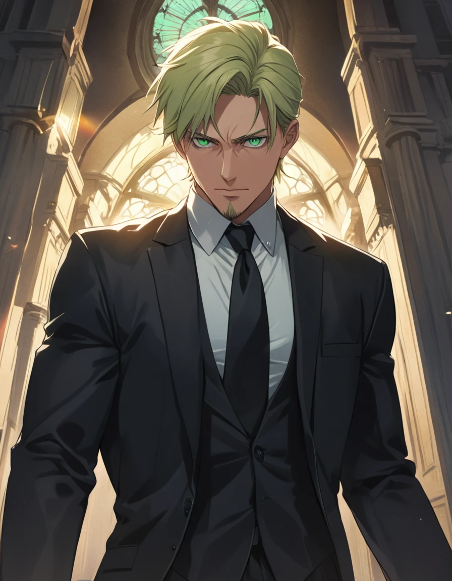 1man, man in black, vigorous mature, business hair with asymmetrical bangs, goatee, green platina blond hair, emerald eyes, BREAK 40yo, charming caucasian, slightly long chiseled face, deep set, angular jaw, facial wrinkles, crewcut, BREAK ideal ratio body proportions, middle weight muscular, beautiful detailed eyes, dark hero, best eyes, BREAK solo, funeral black suit, black necktie, white shirt, at wall street, detailed background, gloom, cool expression, natural standing, BREAK upperlegs, cinematic expression, in persona style, masculine comic art, 2010s, retro visual novel, in newest eroge style, dutch angle, cinematic shadows, cinematic lighting, lens flare, light leaks, texture, absurdres absolutely resolution, extreme all detailed, greatest painting, BREAK masterpiece, best quality