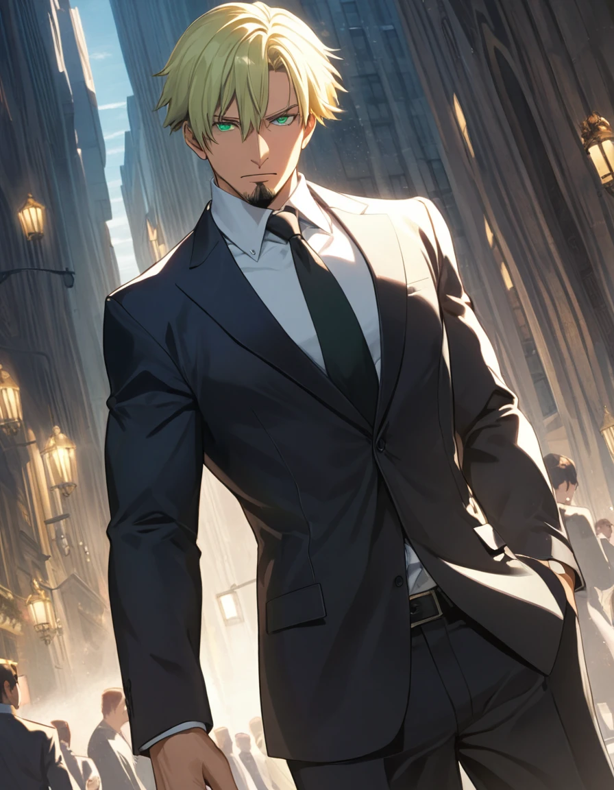 1man, man in black, vigorous mature, business hair with asymmetrical bangs, goatee, green platina blond hair, emerald eyes, BREAK 40yo, charming caucasian, slightly long chiseled face, deep set, angular jaw, facial wrinkles, crewcut, BREAK ideal ratio body proportions, middle weight muscular, beautiful detailed eyes, dark hero, best eyes, BREAK solo, funeral black suit, black necktie, white shirt, at wall street, detailed background, gloom, cool expression, natural standing, BREAK upperlegs, cinematic expression, in persona style, masculine comic art, 2010s, retro visual novel, in newest eroge style, dutch angle, cinematic shadows, cinematic lighting, lens flare, light leaks, texture, absurdres absolutely resolution, extreme all detailed, greatest painting, BREAK masterpiece, best quality