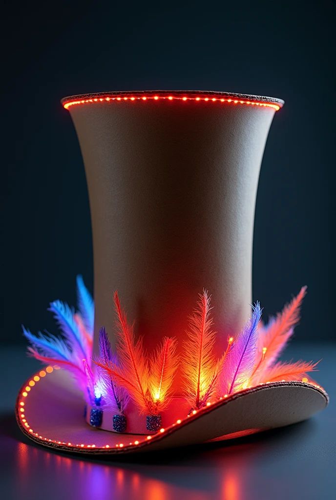 form: It is a tall and classic top hat, with an elegant and elongated design.Material: It is built mainly of cardboard, Carefully molded and reinforced to maintain its rigid and structured shape. The cardboard has a matte finish, which highlights the natural texture of the material.luces LED: LED lights are embedded in the brim edge and vertical seams of the hat.. The lights are programmable, allowing them to change color and create dynamic visual patterns around the hat.Artificial feathers: At the base of the cup, The hat is adorned with a set of artificial feathers that surround the circumference. The feathers are vibrantly colored, contrasting with the natural tone of the cardboard. Some of the feathers also have small LED lights at the base., which adds an extra touch of shine.