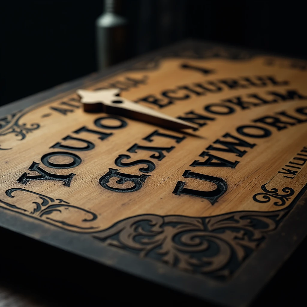 The image shows a close-up of a Ouija board, which is a flat board with the characters of the alphabet, numbers from 0-9, embossed on it. The board has a wooden structure with clear black letters and numbers. In the center of the image is a planchette, a small arrow-shaped piece of wood with a small hole in the middle. The small arrow-shaped piece of wood points to the number "1" on the board. The lighting creates deep effects, casting shadows and highlighting the wood grain of the board and the planchette. Overall, it creates a mysterious and slightly eerie feeling, evoking supernatural power and the unknown.