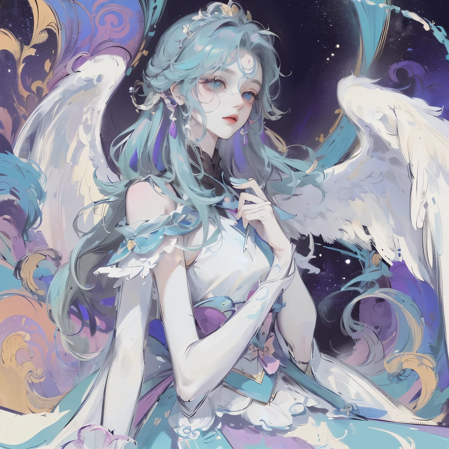 Beautiful angel in white dress, art station chengwei, Halo, White feather