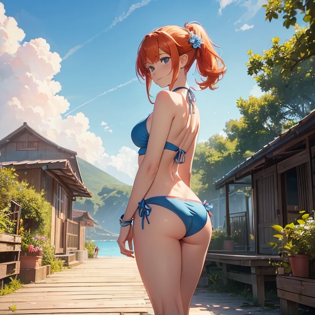 (masterpiece, best quality, detailed, high resolution, HD), 1girl, solo, looking at the sky
{{ orange-red haired Elf Girl:, (reddish orange hair, 1 left hair ponytail tied with two flowers, light-blue eyes, smile, closed mouth, huge breasts, beautiful teenage body, big butt, beautiful legs, lightblue flower at side of hair, (pale-pink bikini), (wooden docks, midday, blue sky, cloud, scenery, walking, arms at the butt, hands at glutes, front view,)}}