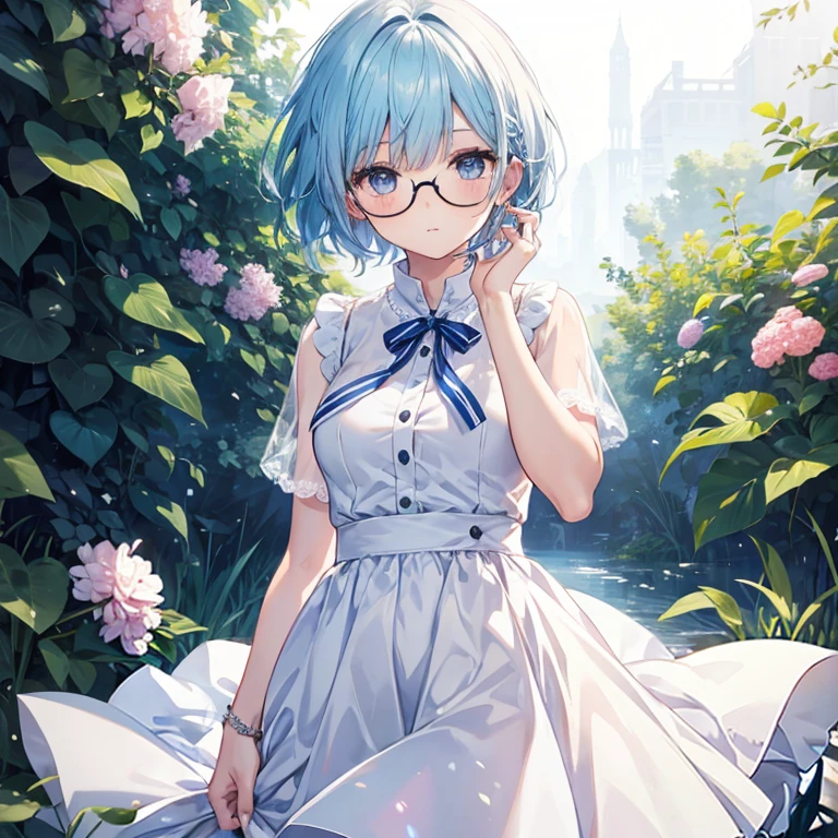 Girl with glasses,White Dress, Blue Hair short hair Cowboy Shot,