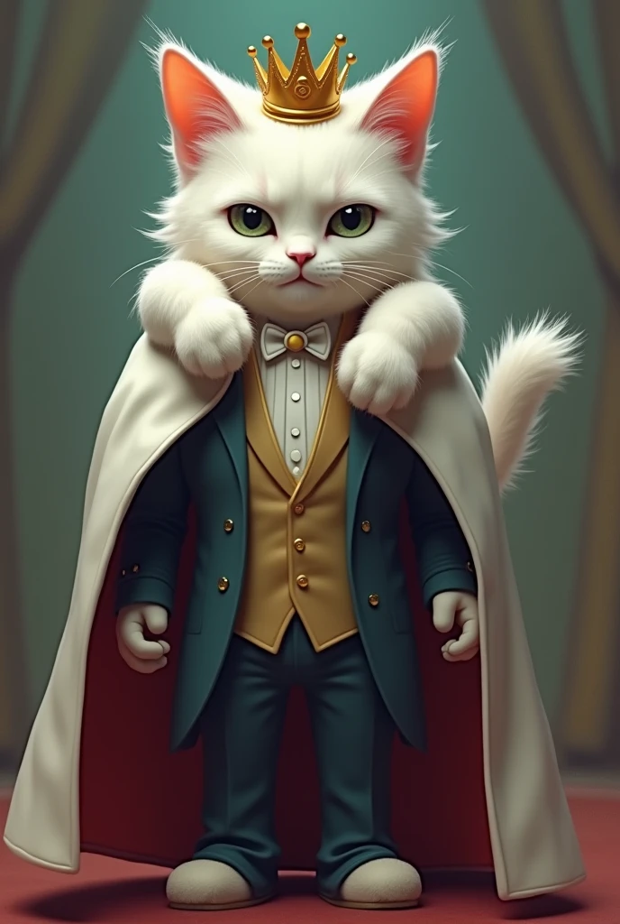 Create a Roblox character image with a white cat controlling a human body through the head through a flipper dressed in a suit, a crown and a royal cape.
